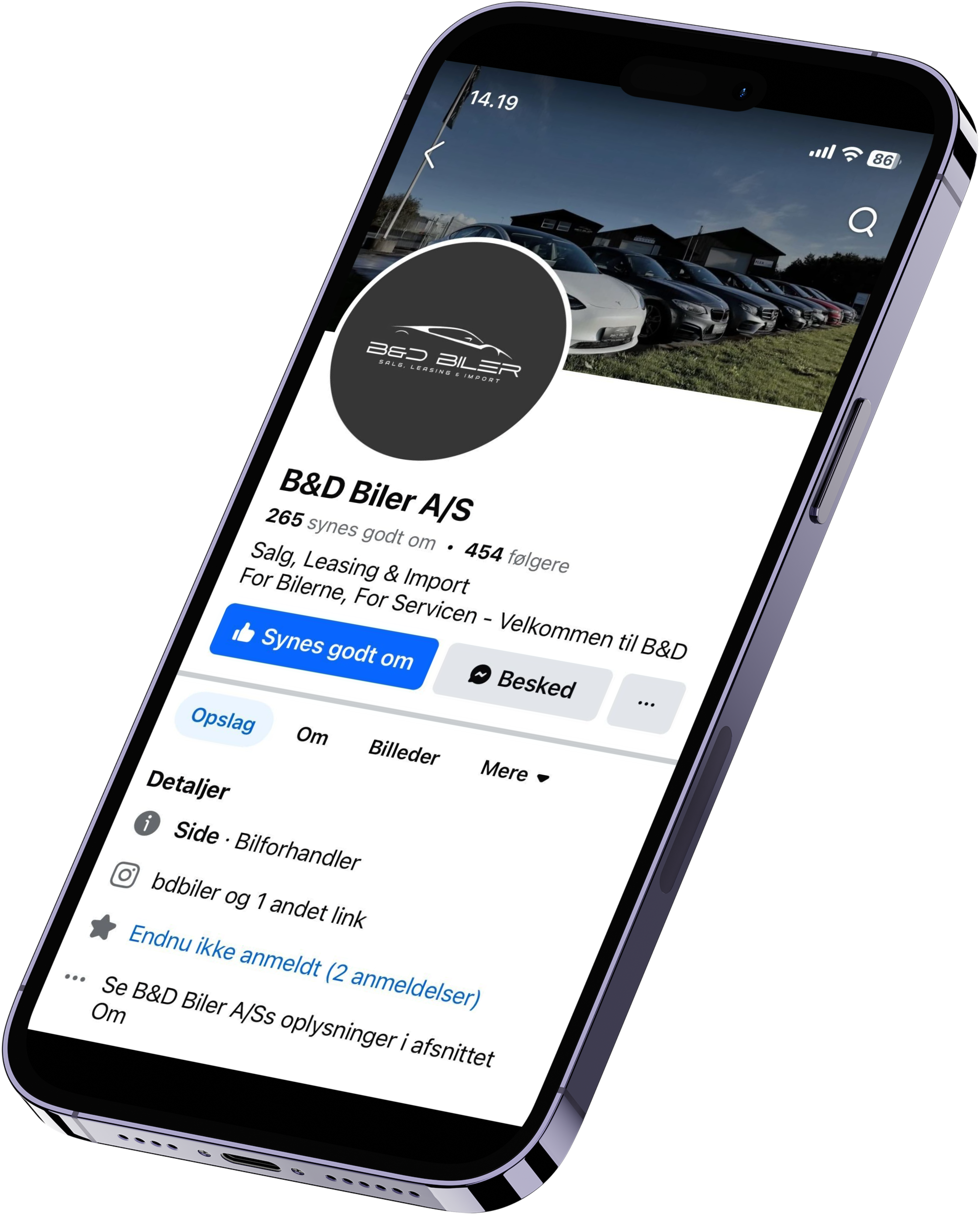 B&D Biler A/S Facebook-side vist på smartphone